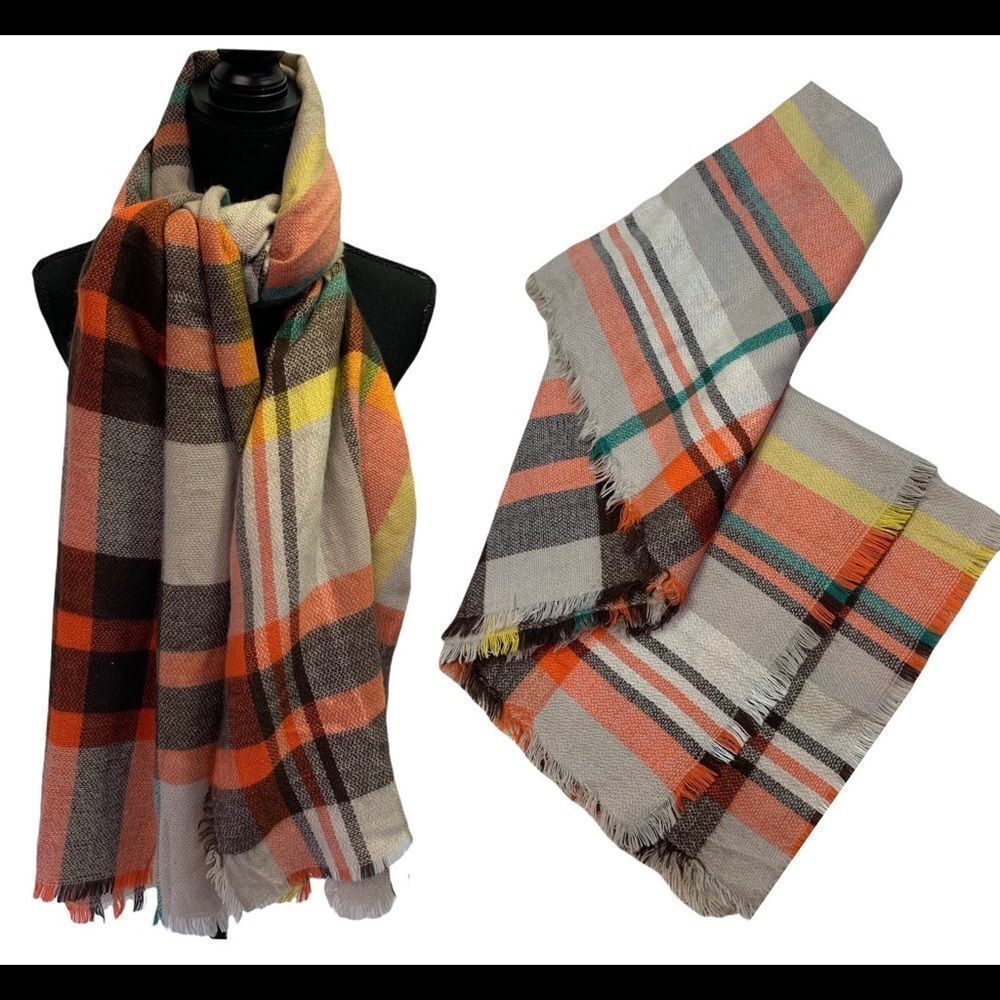 Brown tan teal orange yellow plaid check soft winter blanket scarf 💥